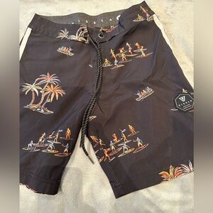 VISSLA Boys Size 25 Black with Orange Palm Trees Swim Trunks